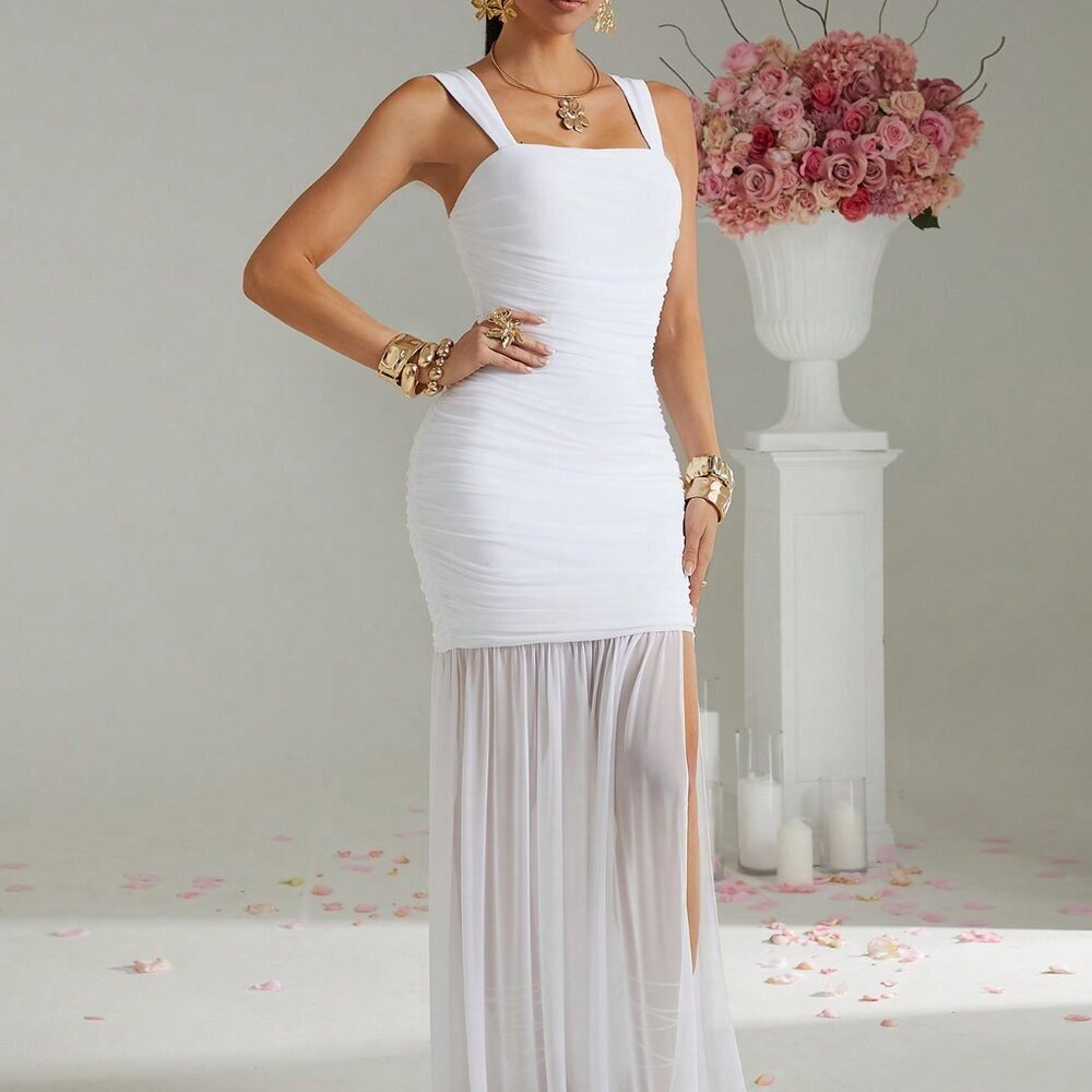 White Elegant Women's Old Money Ruched Slit Flared Hem Cami Bodycon Dress - Picture 3 of 8